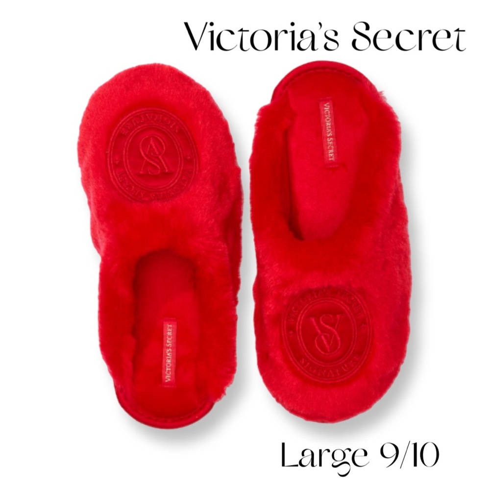 Victoria’s Secret Heritage Logo Plush faux fur red cozy slippers Large 9/10 New - Picture 4 of 9